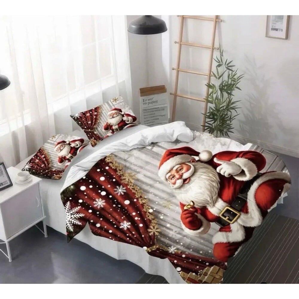 3-Pcs Santa Claus Bedding Set, Holiday Theme Digital Printed Quilt Cover Pillows